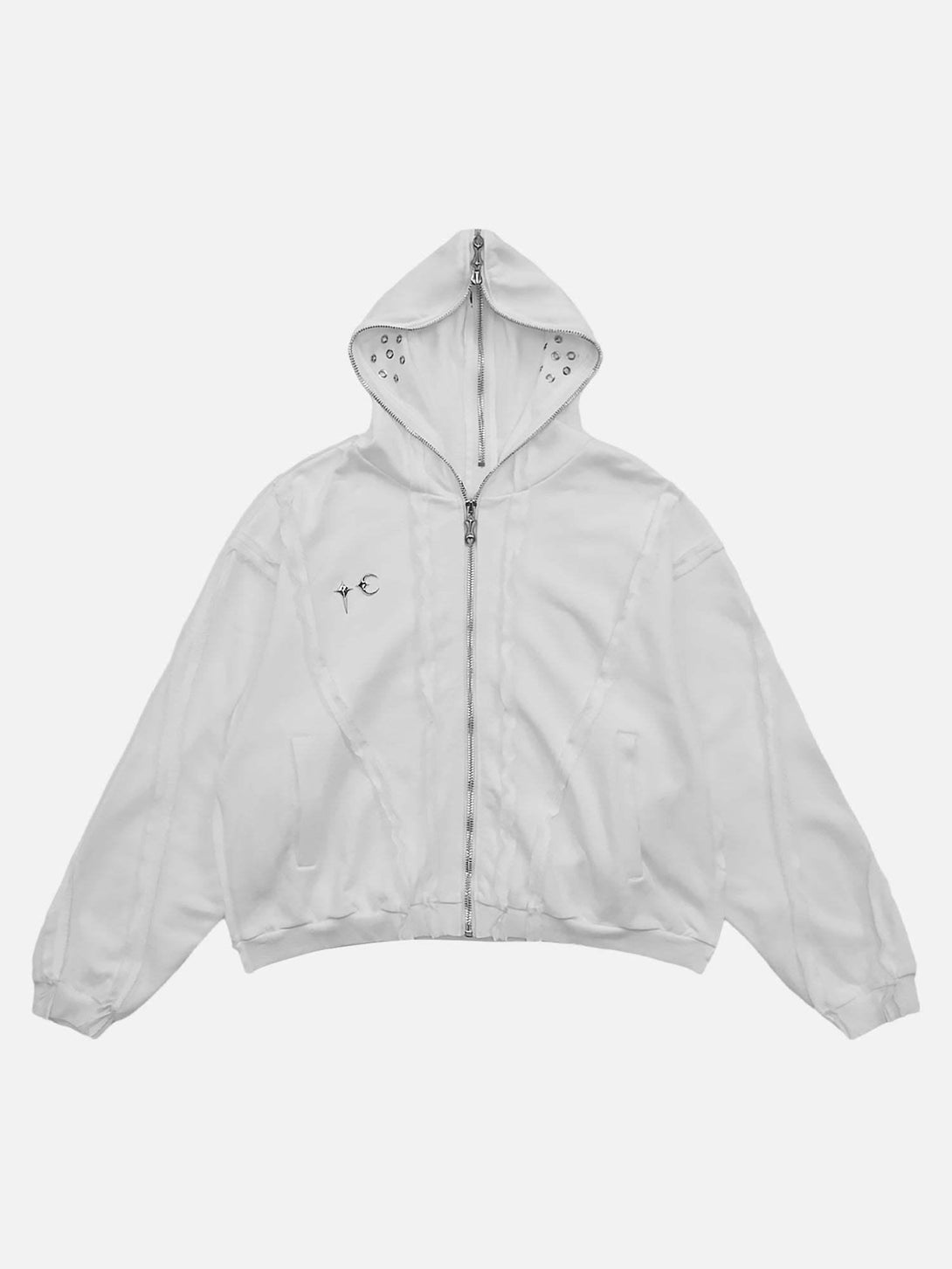 Front view of a white distressed hoodie featuring grommet details, designed by TALISHKO.