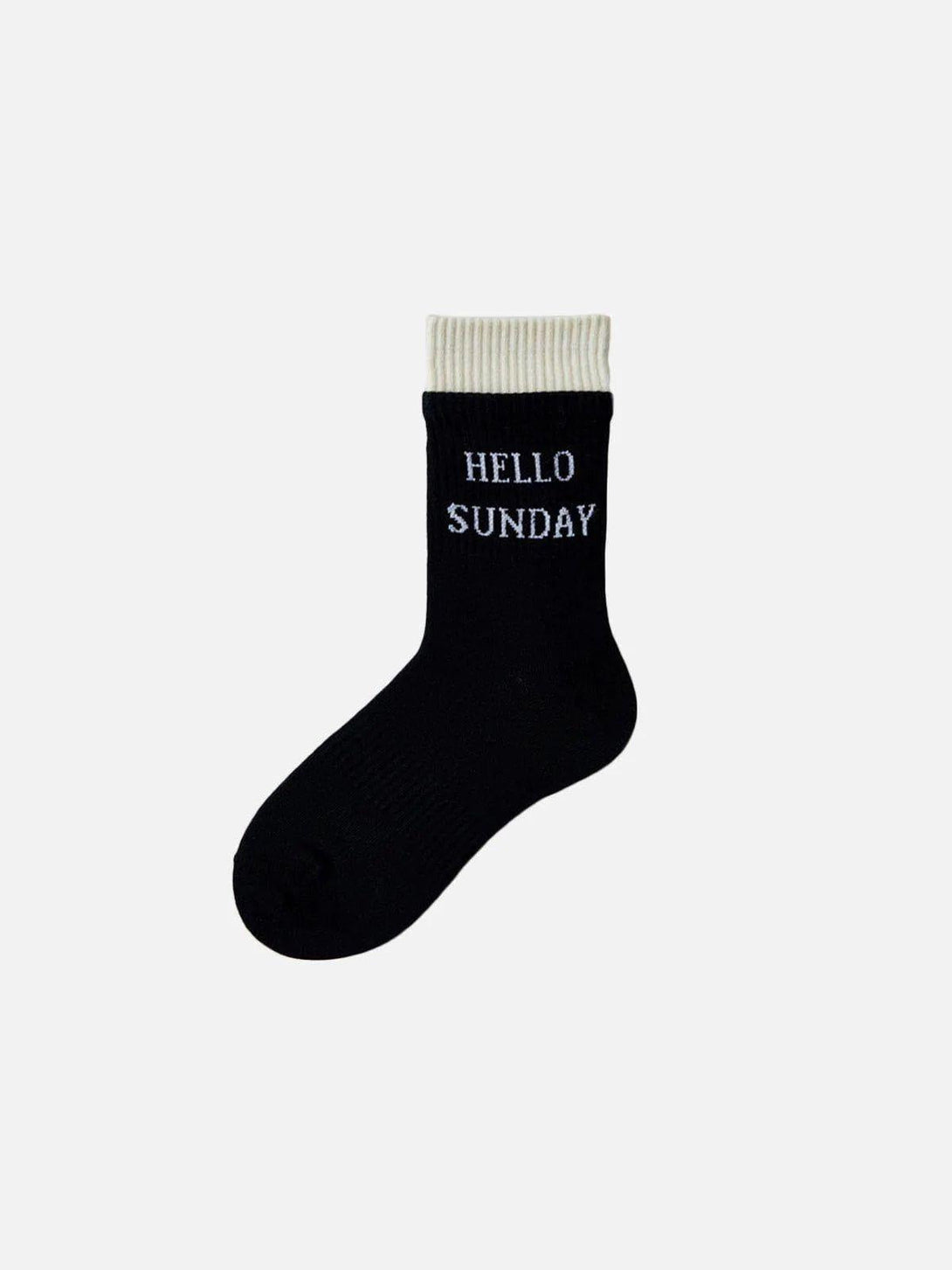 Black "HELLO SUNDAY" socks by TALISHKO, front view, featuring a stylish casual design.