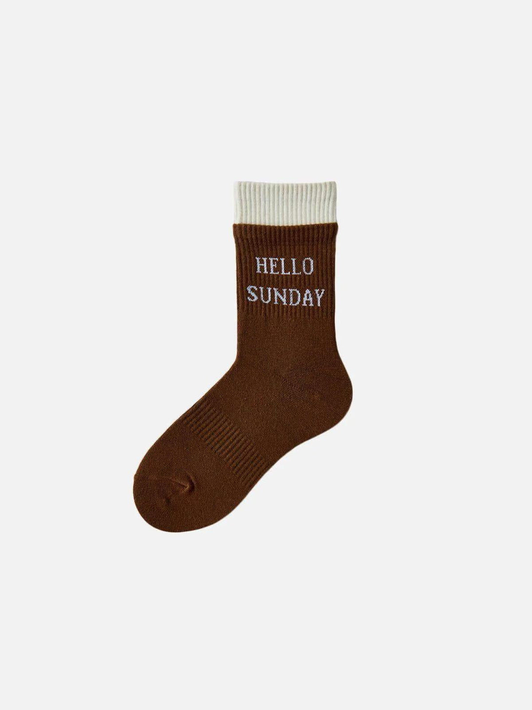 Coffee-colored "HELLO SUNDAY" socks by TALISHKO, front view highlighting casual style.