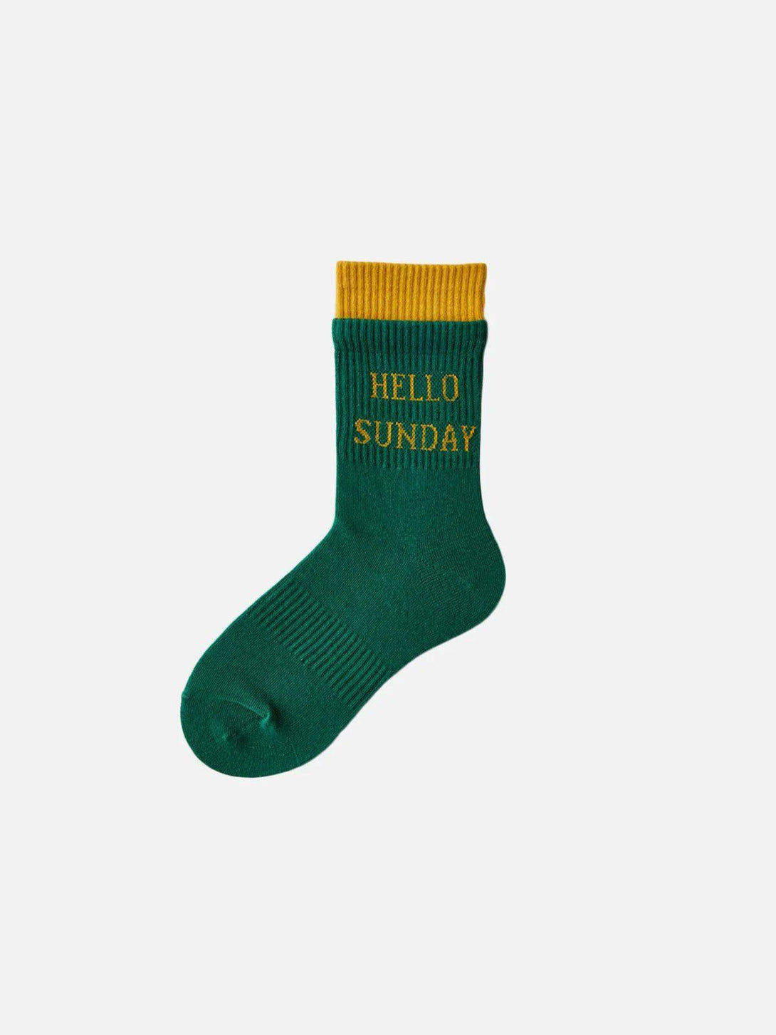Green "HELLO SUNDAY" socks by TALISHKO with yellow cuff, showcasing a vibrant street style.