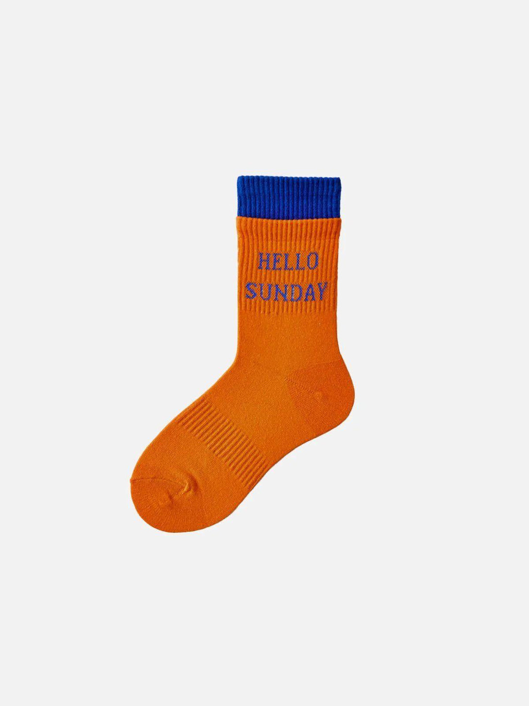 Bright orange "HELLO SUNDAY" socks by TALISHKO, front view, featuring a bold street style.