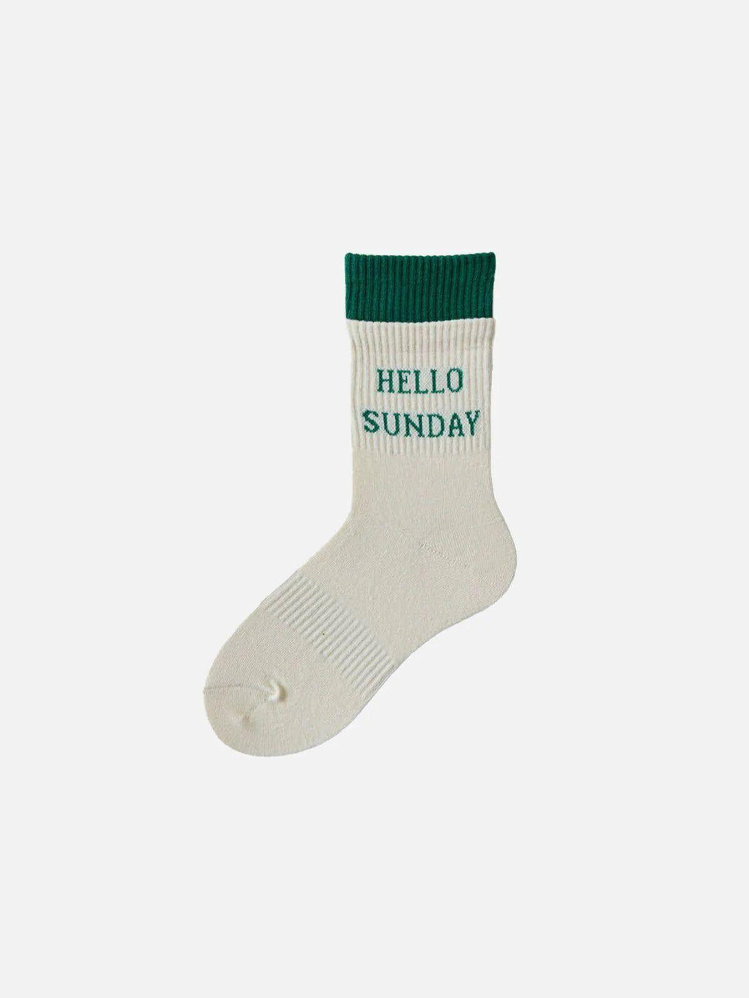 White "HELLO SUNDAY" socks by TALISHKO, featuring a green cuff and text, ideal for casual outfits.