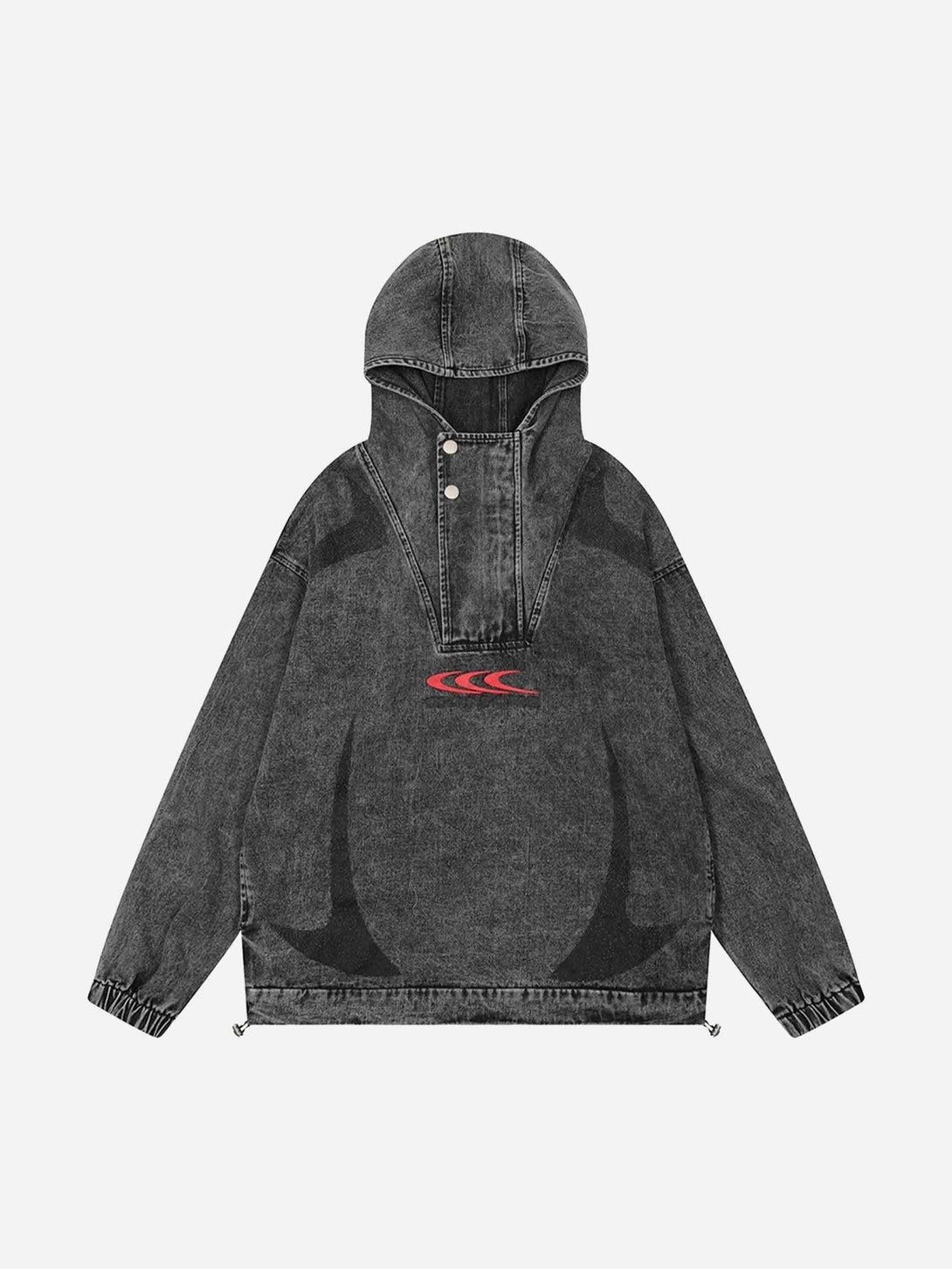 Front view of a black high-neck hooded denim jacket by TALISHKO, showcasing unique design elements.