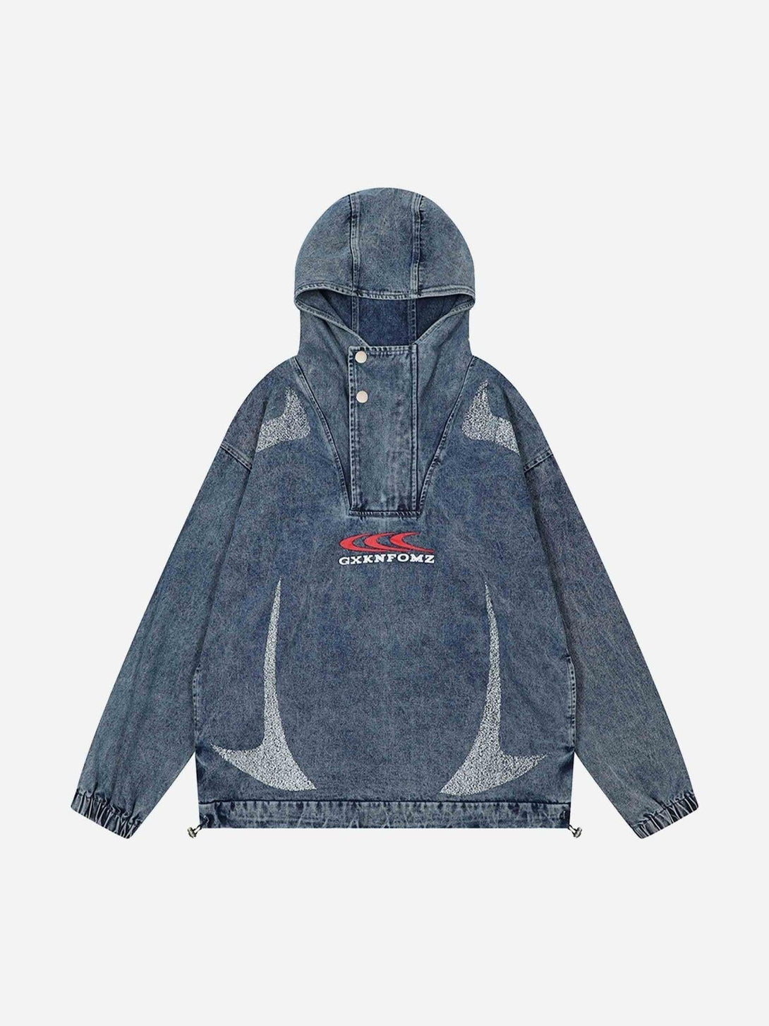 Front view of a blue high-neck hooded denim jacket by TALISHKO, featuring unique graphics.