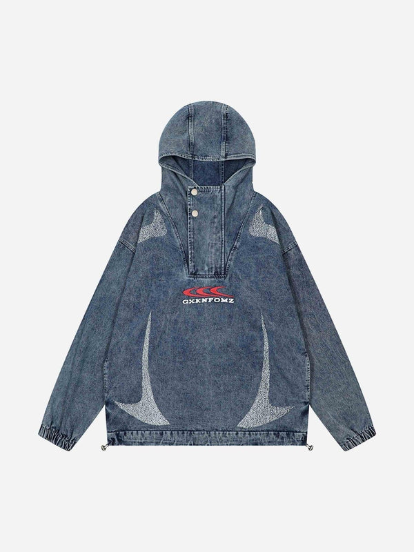 Front view of a blue high-neck hooded denim jacket by TALISHKO, featuring unique graphics.