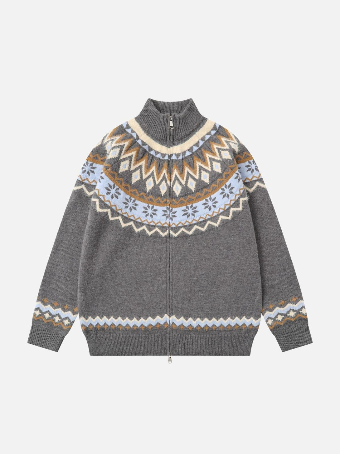Front view of TALISHKO's gray high-neck sweater with diamond weave jacquard pattern.
