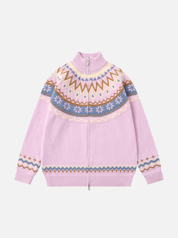 Front view of a pink diamond weave jacquard sweater by TALISHKO, featuring a high-neck design.