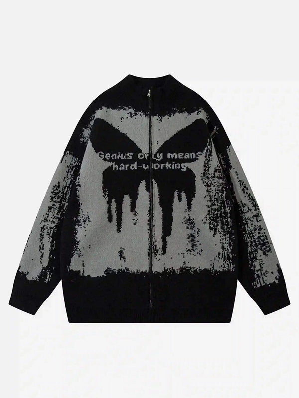 Front view of a TALISHKO black cardigan featuring an abstract pattern and zipper, ideal for urban style.