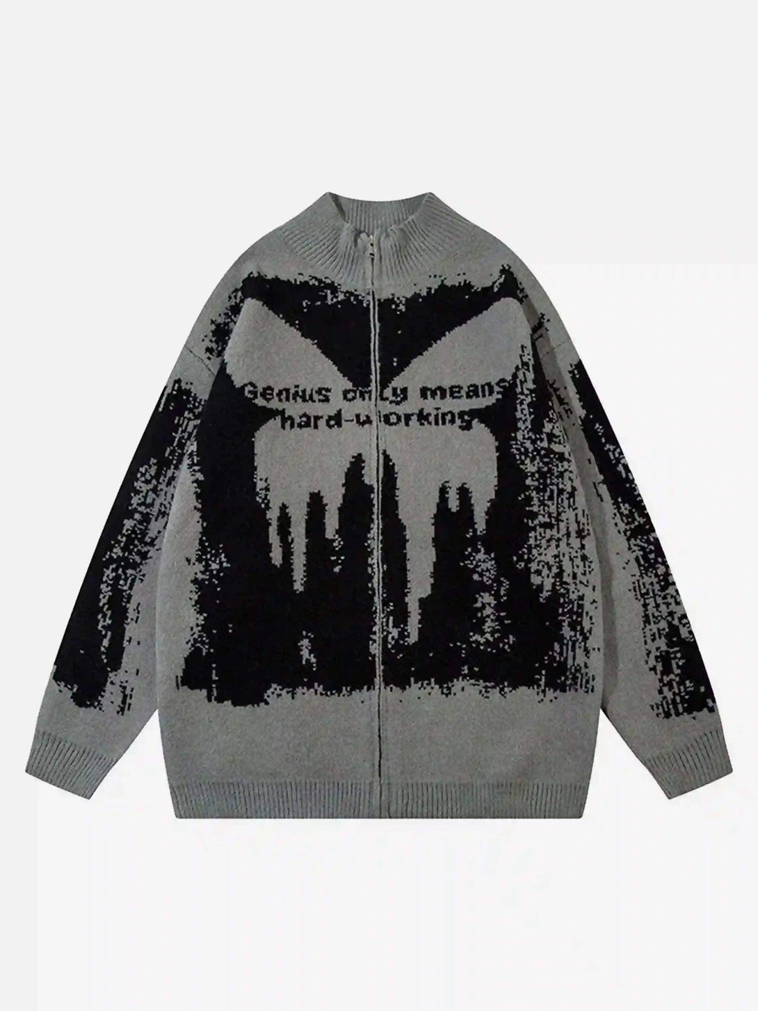 Front view of a TALISHKO gray cardigan with abstract patterns and a stand collar, perfect for urban wear.
