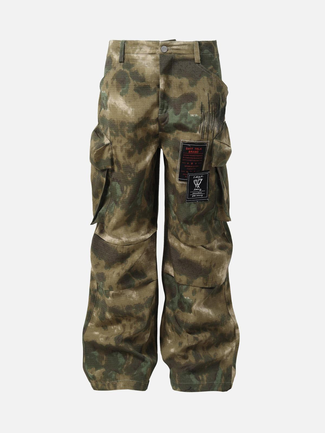 Front view of TALISHKO camouflage pants featuring a rugged multi-pocket design in brown.