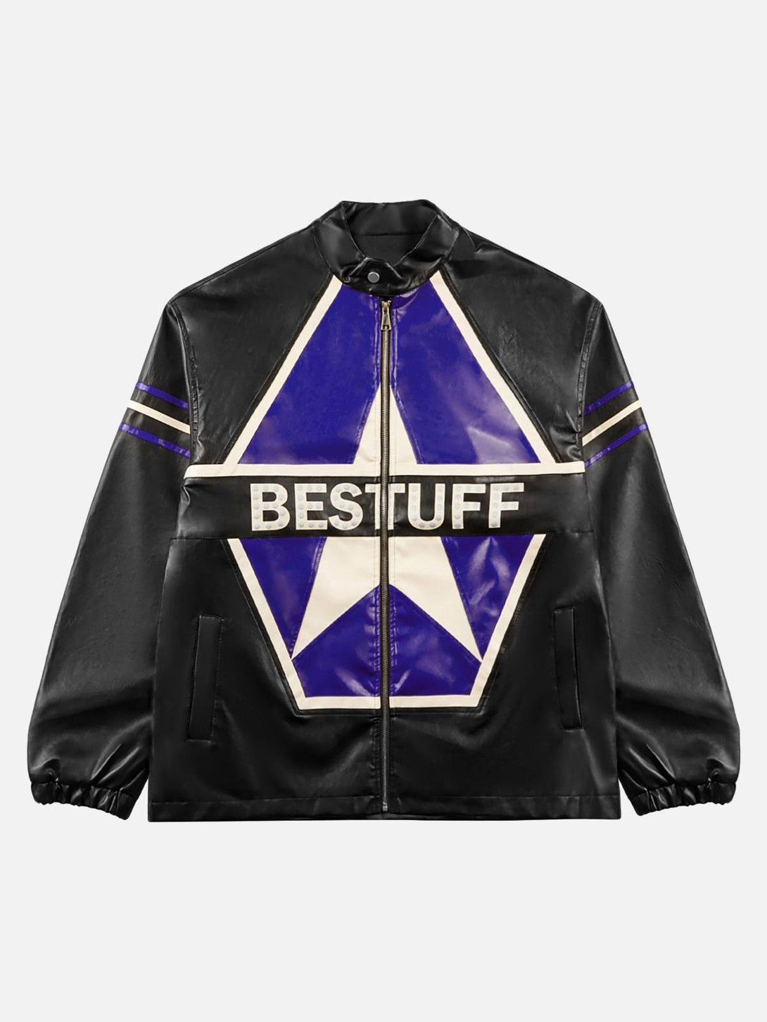 Front view of a black biker jacket by TALISHKO, featuring bold star graphics and "BESTUFF" text.