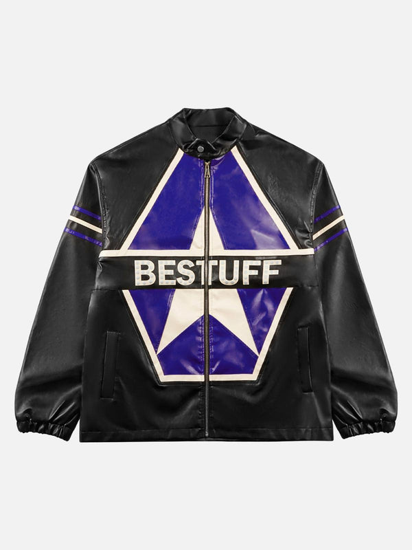 Front view of a black biker jacket by TALISHKO, featuring bold star graphics and "BESTUFF" text.