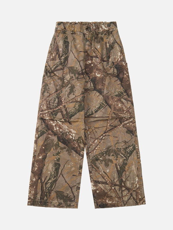 Front view of brown camouflage casual pants by TALISHKO, featuring a relaxed fit.
