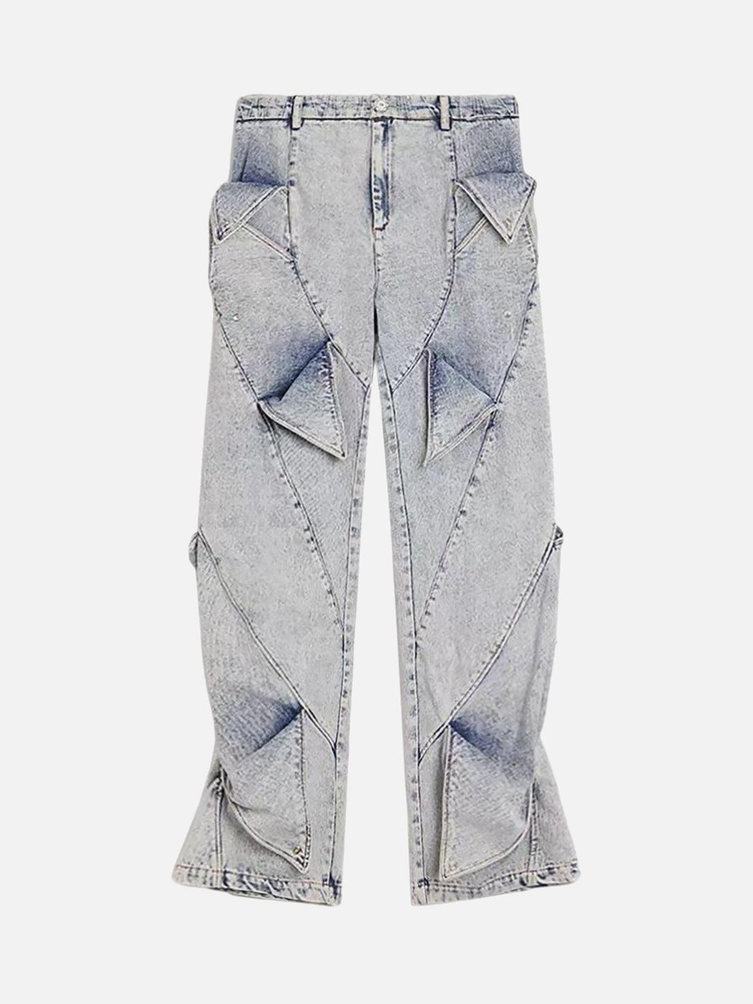 Front view of TALISHKO light blue deconstructed jeans, featuring unique geometric patterns.