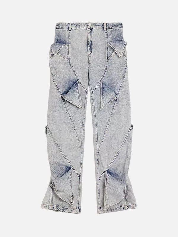 Front view of TALISHKO light blue deconstructed jeans, featuring unique geometric patterns.