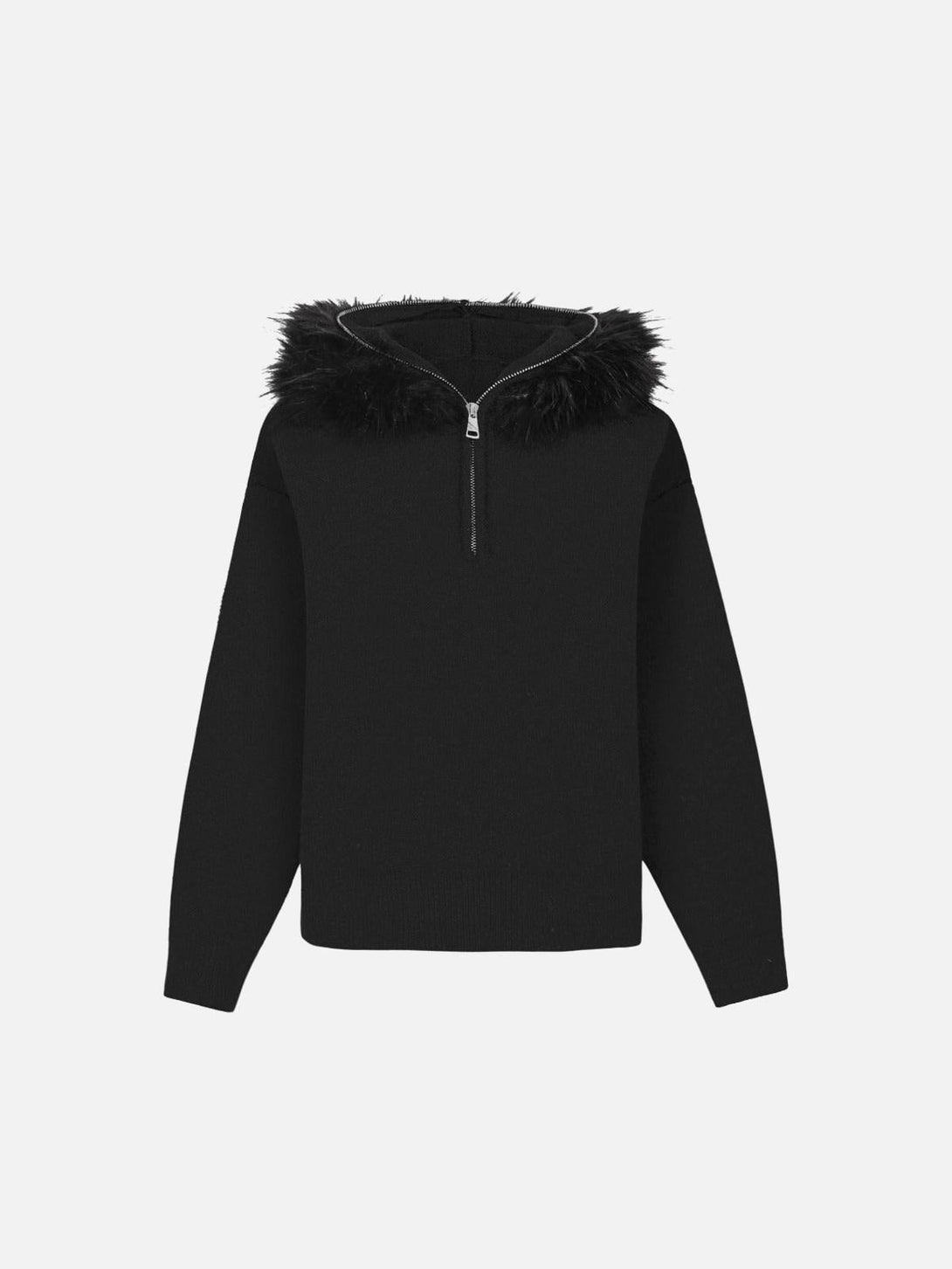 Front view of a black half-zipped sweater with a detachable fur collar by TALISHKO, showcasing trendy street style.