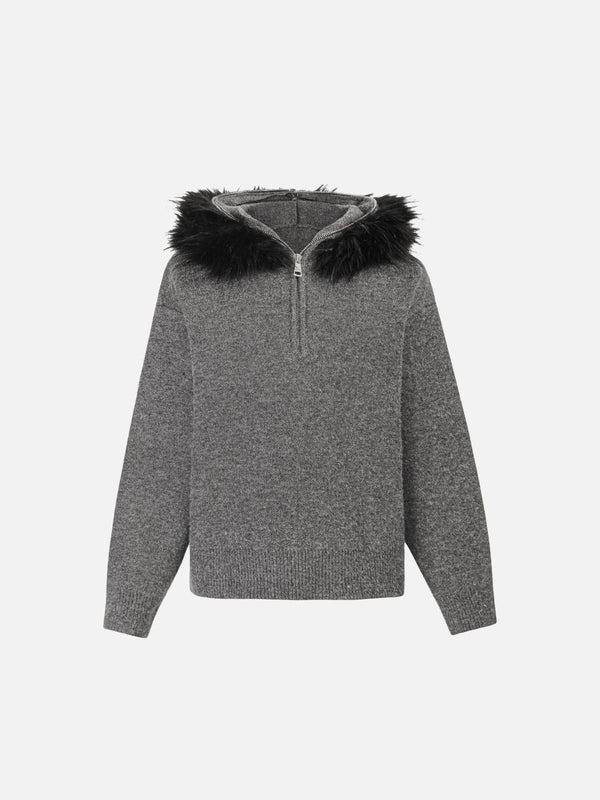 Front view of a gray half-zipped sweater with a detachable fur collar by TALISHKO, perfect for casual style.