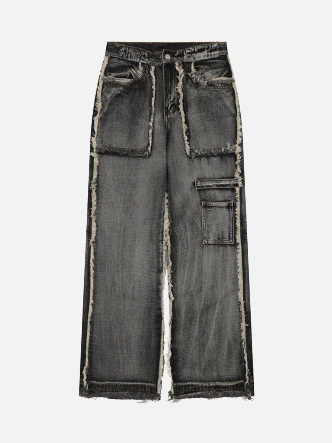 Front view of black distressed raw edge jeans by TALISHKO, showcasing edgy street style.