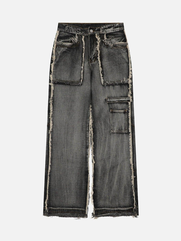 Front view of black distressed raw edge jeans by TALISHKO, showcasing edgy street style.