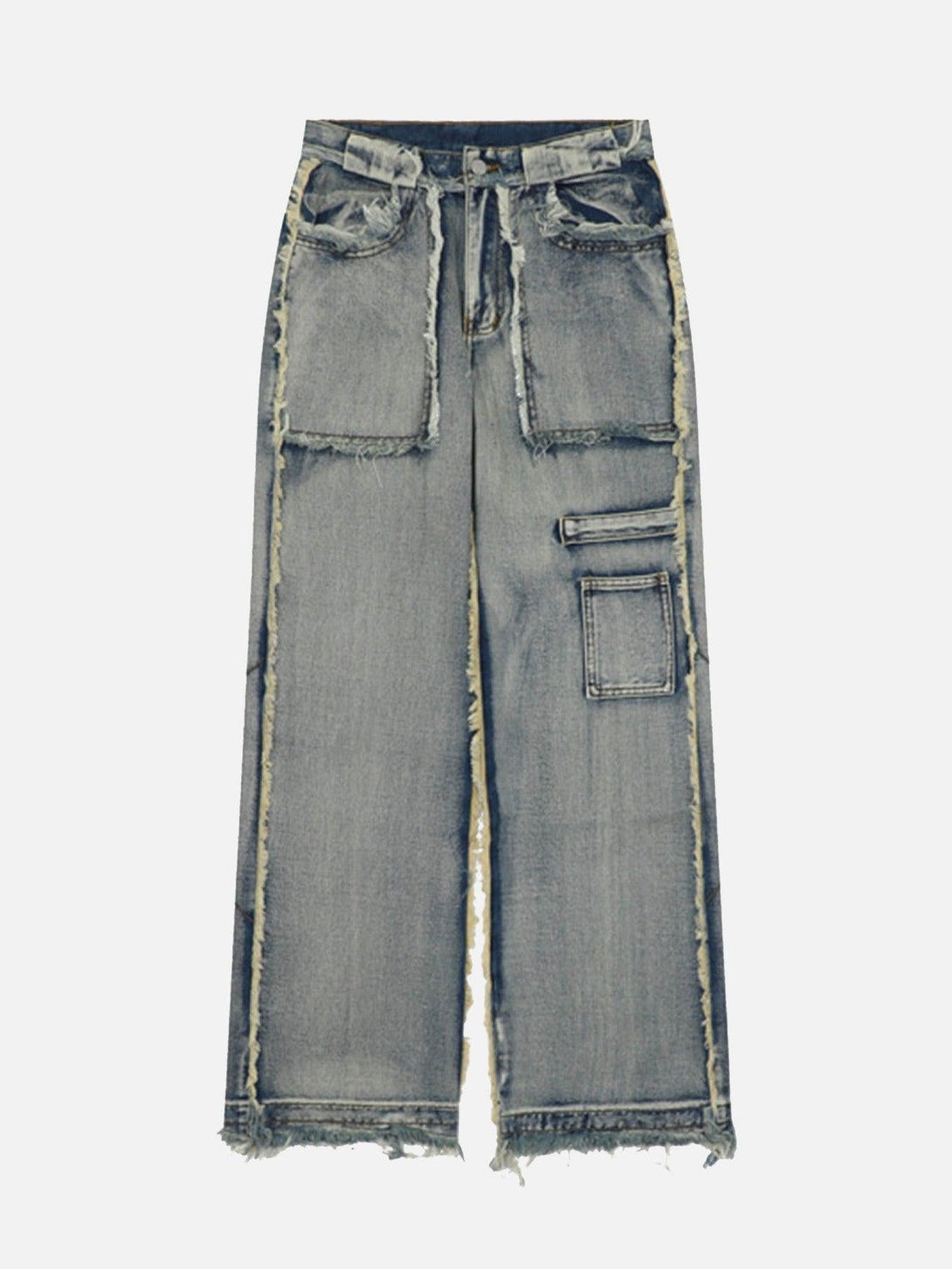 Front view of blue distressed raw edge jeans by TALISHKO, featuring an urban, edgy style.