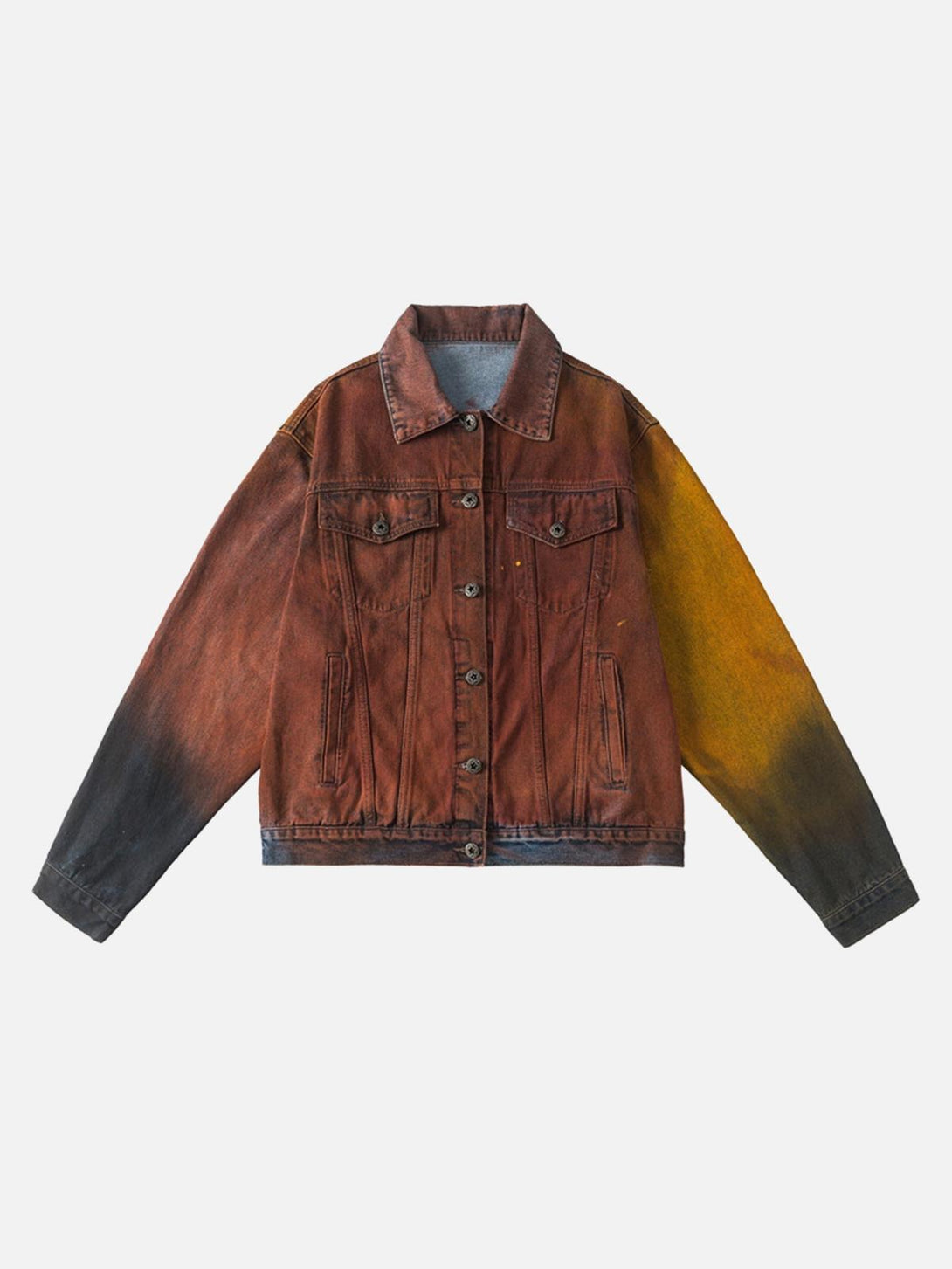 Front view of a brown spray-painted denim jacket by TALISHKO, perfect for urban style.