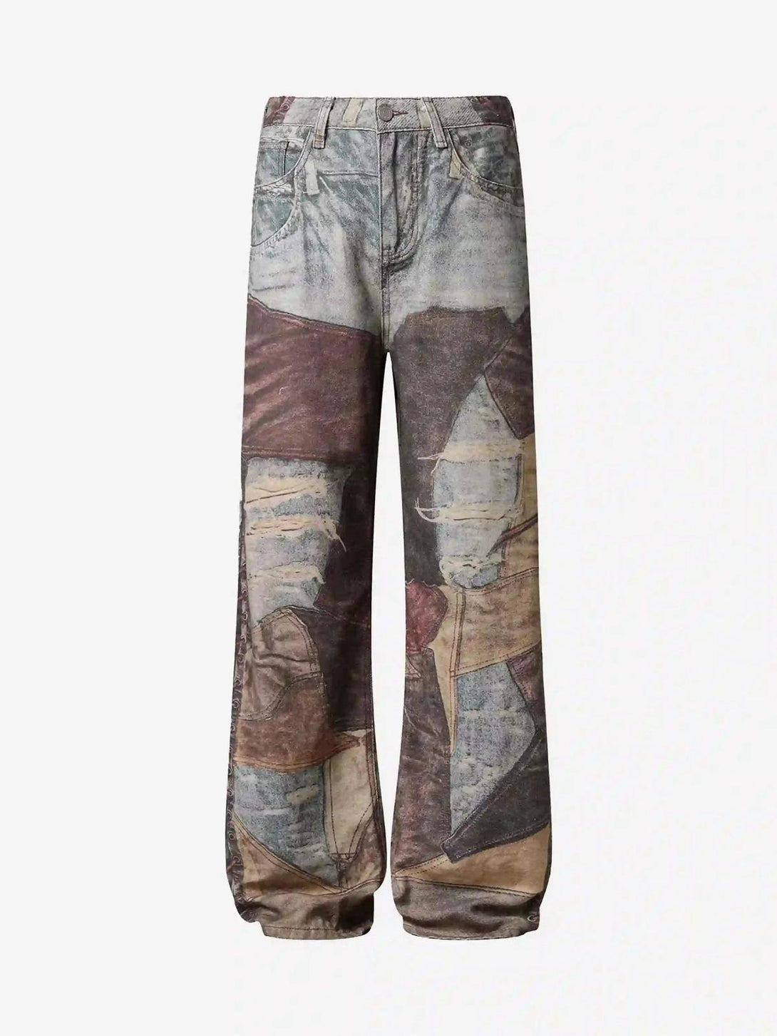 Front view of TALISHKO's brown printed jeans, showcasing a unique distressed wash design.