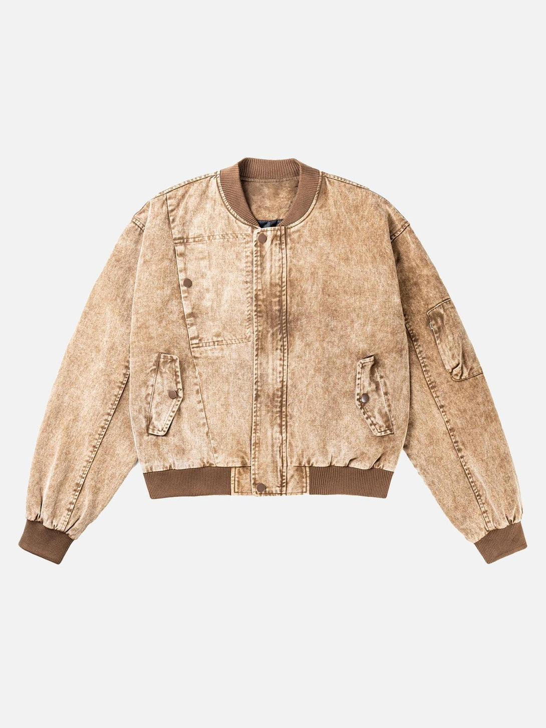 Front view of a beige distressed work jacket by TALISHKO, showcasing a vintage washed design.