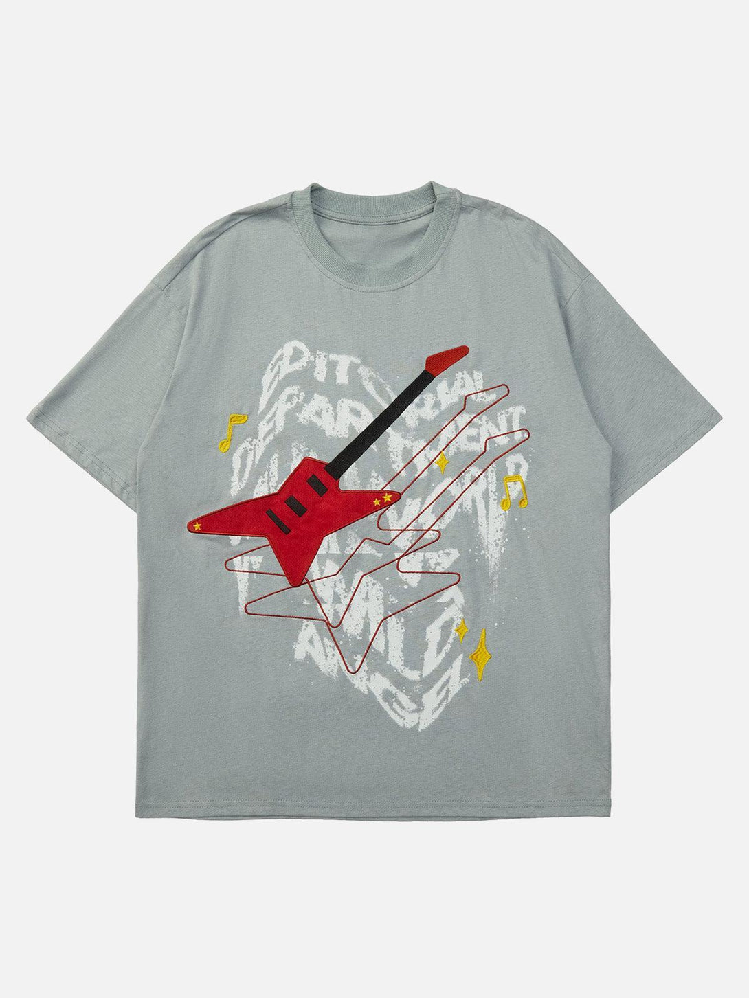 Front view of light blue T-shirt by TALISHKO featuring a creative guitar print and embroidery.