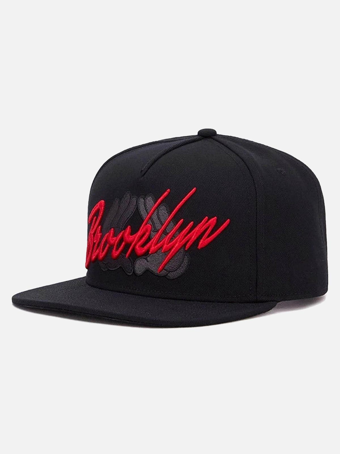 Front view of a black TALISHKO baseball cap with bold red embroidery, capturing urban style.