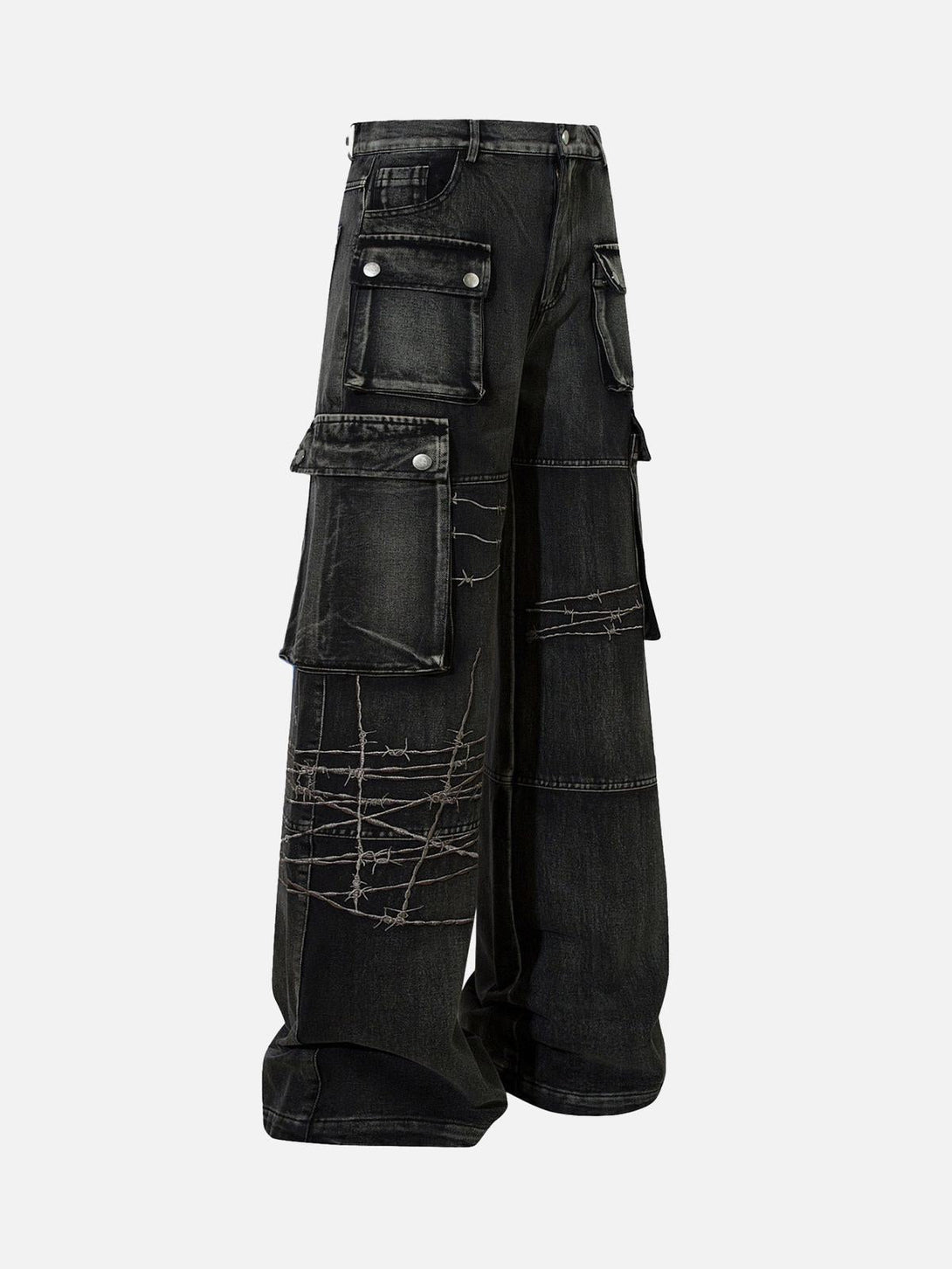 Black hip-hop jeans with barbed wire embroidery and cargo pockets by TALISHKO.