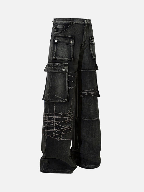 Black hip-hop jeans with barbed wire embroidery and cargo pockets by TALISHKO.
