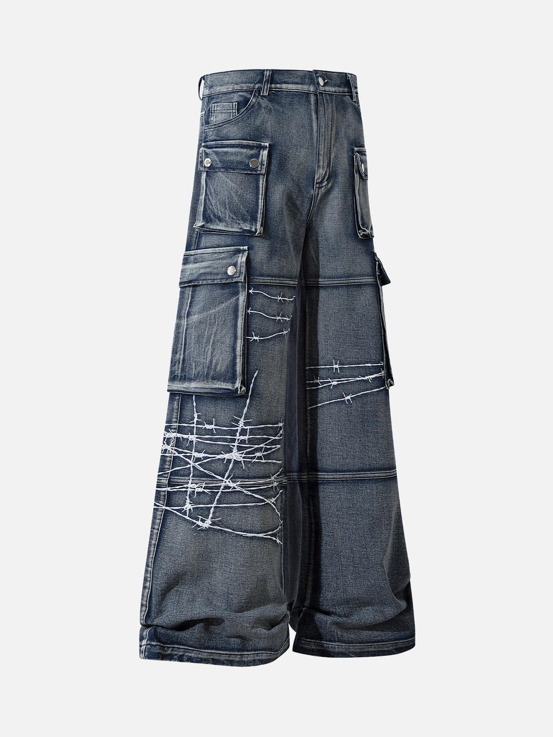 Front view of blue hip-hop jeans featuring barbed wire embroidery and cargo pockets by TALISHKO.
