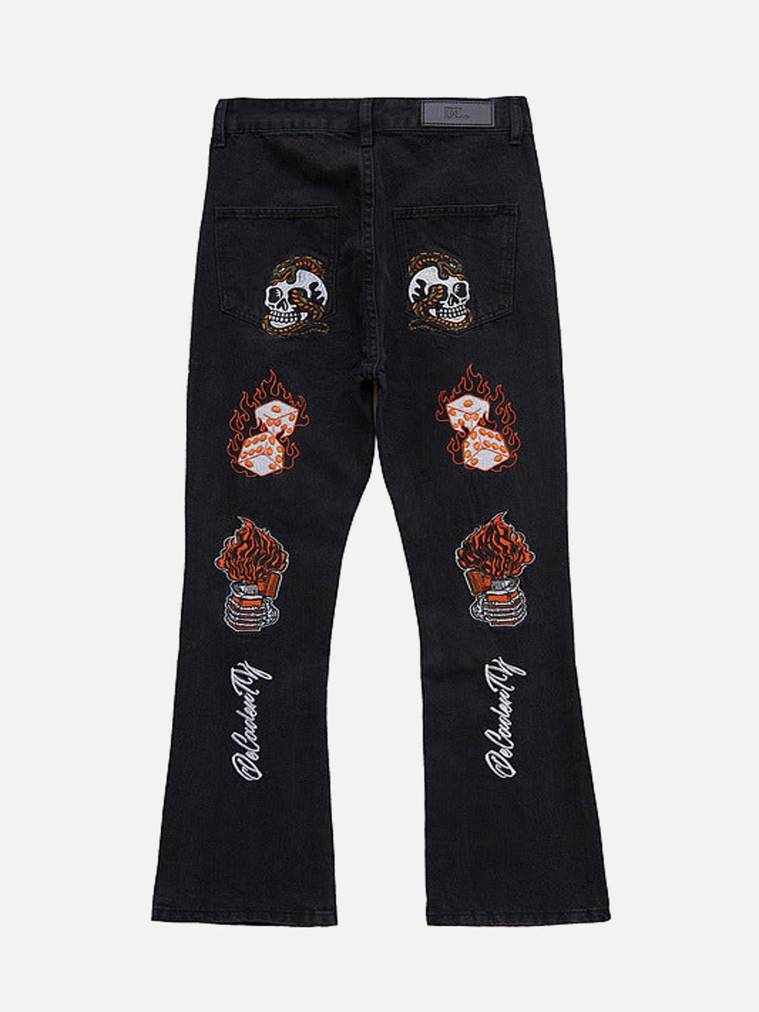 Back view of black embroidered jeans by TALISHKO, featuring skull and flame motifs.