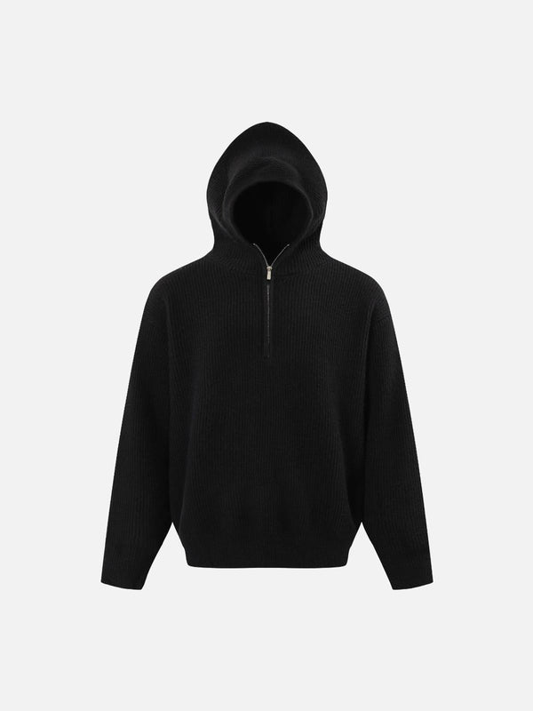 Front view of a black high street half-zipped sweater with hood by TALISHKO, perfect for casual wear.