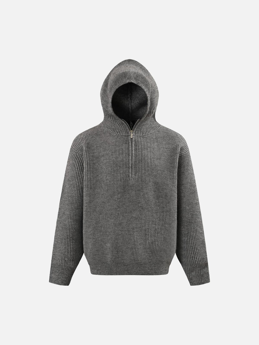 Front view of a gray high street half-zipped sweater with hood by TALISHKO, showcasing casual style.