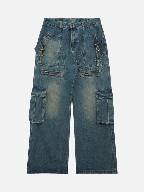 Front view of dark blue multi-pocket jeans by TALISHKO, featuring metal ring accents.