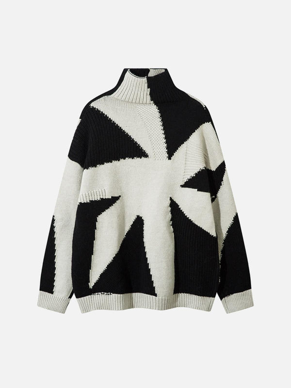 TALISHKO's high-neck sweater in gray and black spiral jacquard, front view showcasing street style.