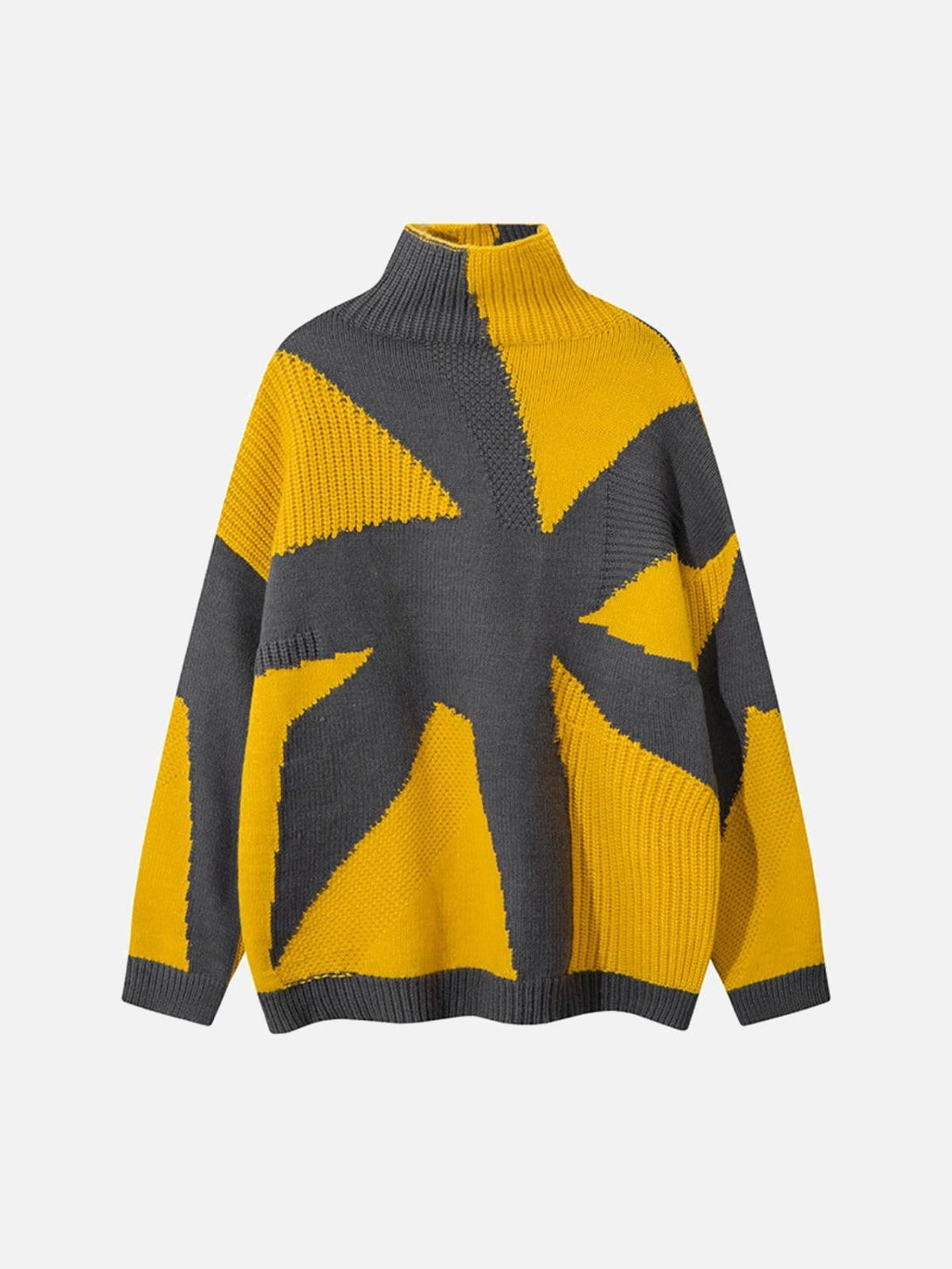 TALISHKO's yellow and gray high-neck sweater features a bold spiral pattern, front view.