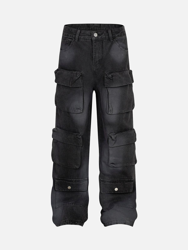 Front view of black distressed work jeans by TALISHKO, featuring multiple cargo pockets.