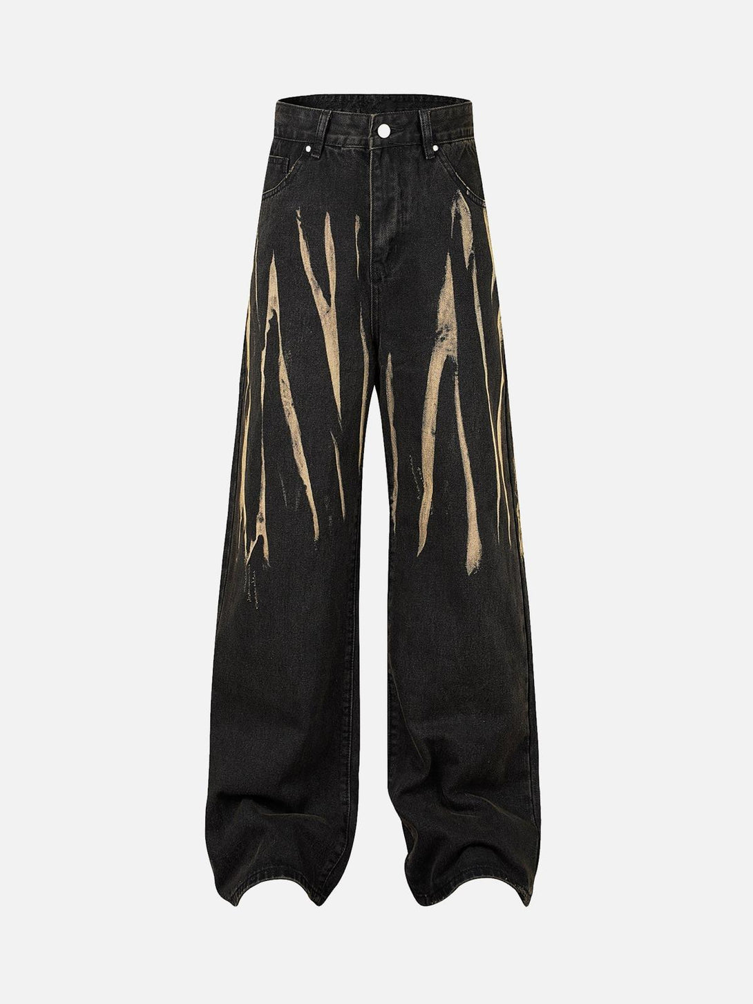 Front view of TALISHKO black jeans with unique hand-painted spray design for a bold street style.