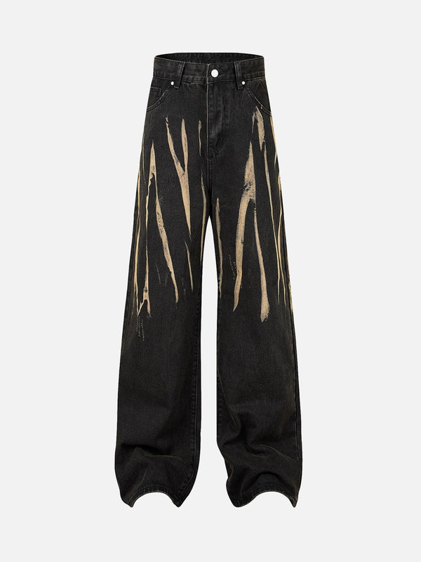 Front view of TALISHKO black jeans with unique hand-painted spray design for a bold street style.