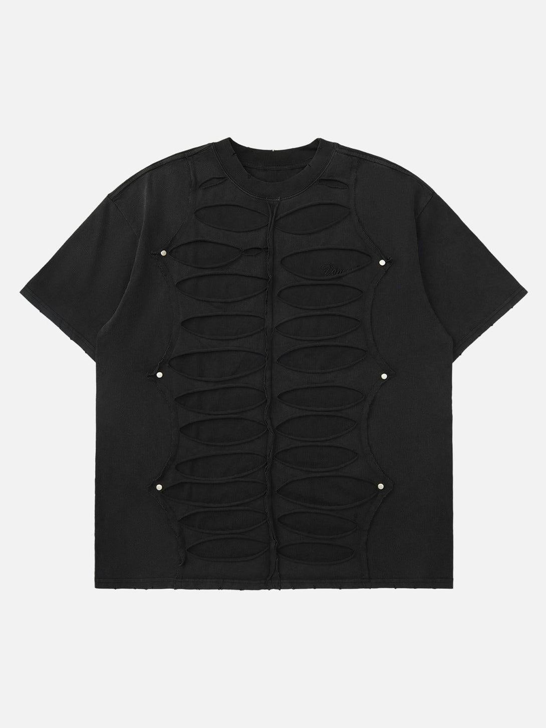 Front view of a black hole design T-shirt by TALISHKO, showcasing a unique hip hop style.