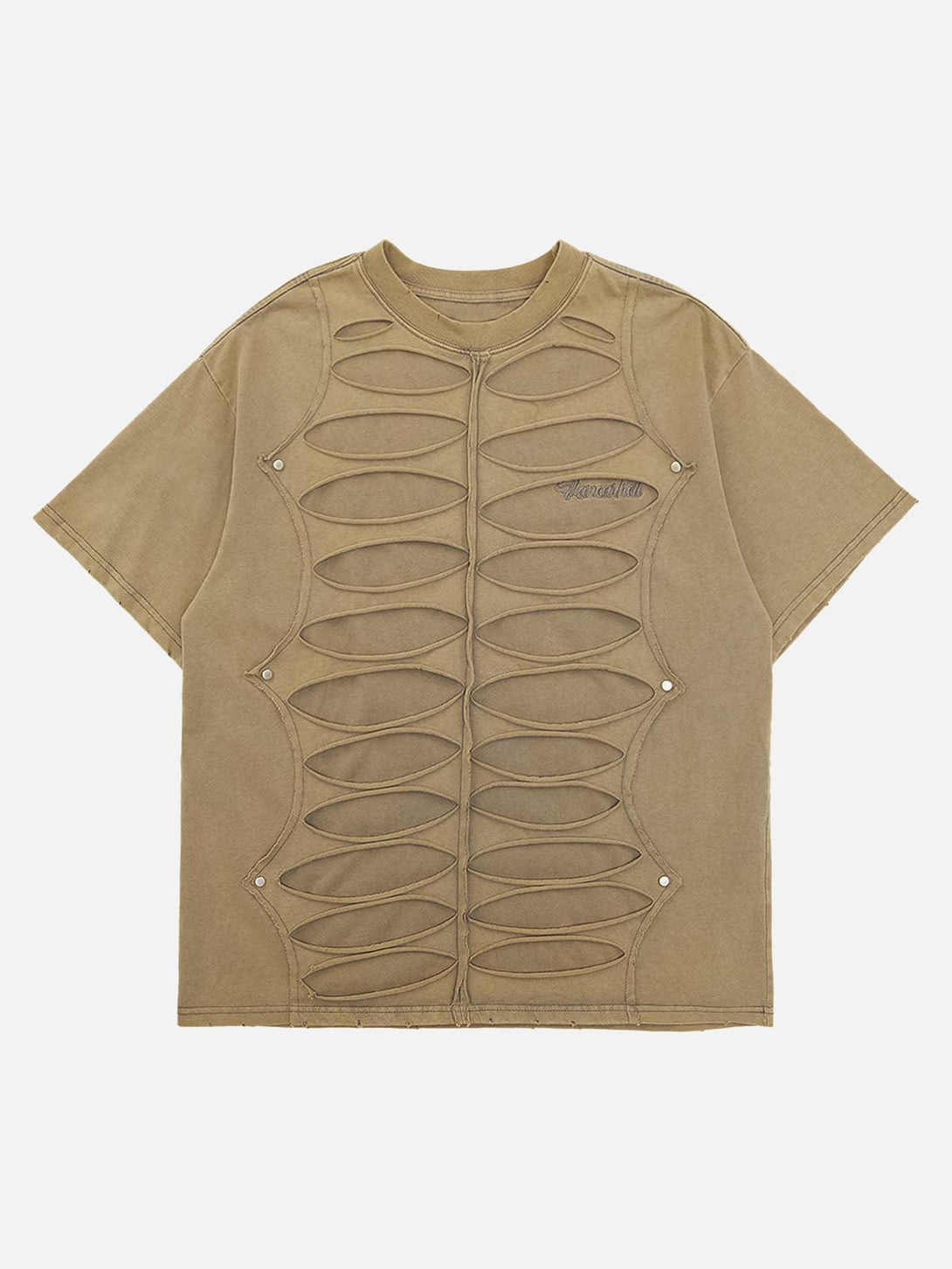 Front view of a brown hole design T-shirt by TALISHKO, featuring a high street hip hop style.