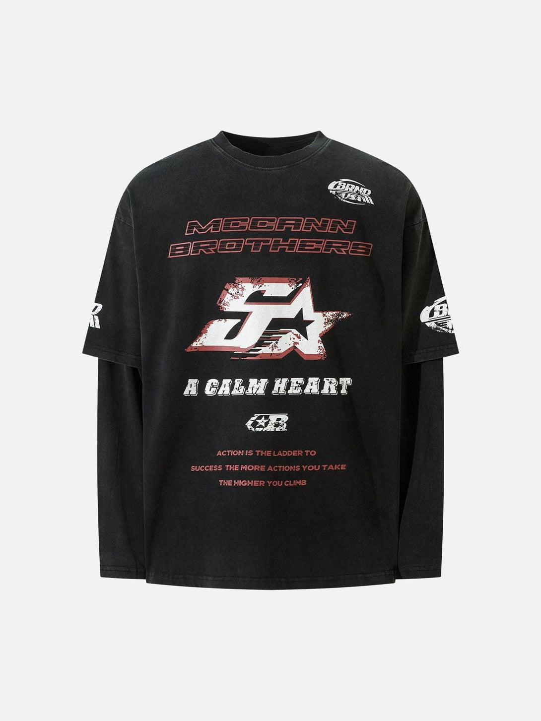 Front view of black TALISHKO long-sleeved T-shirt featuring bold graphic and patchwork design.