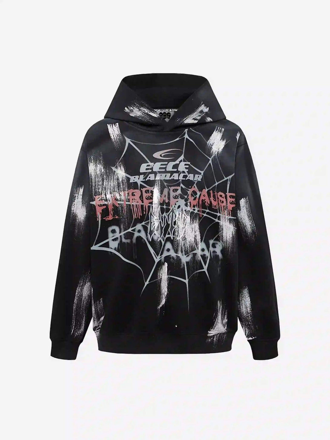 TALISHKO black hoodie with spider web print and bold graphics, perfect for urban style.