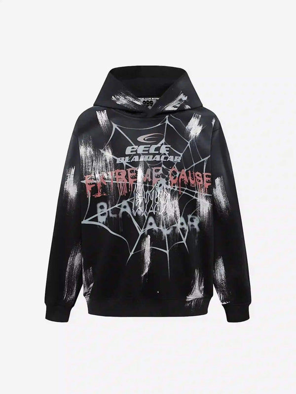TALISHKO black hoodie with spider web print and bold graphics, perfect for urban style.