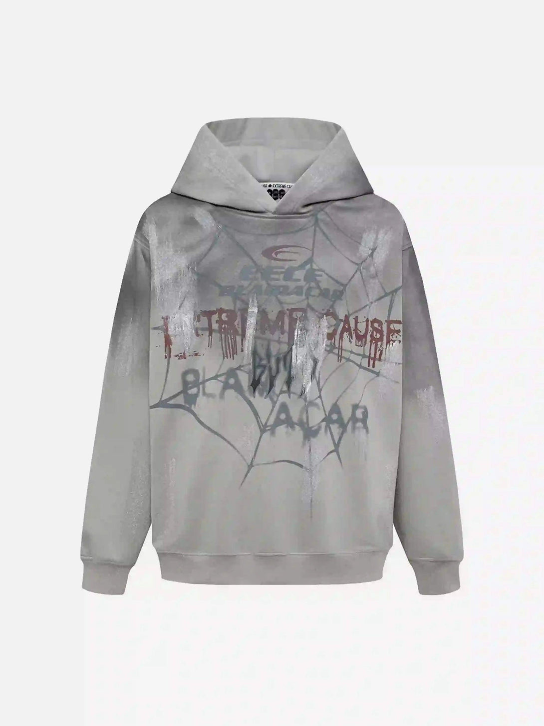 Gray hoodie with spider web design and graphic print, capturing urban style by TALISHKO.
