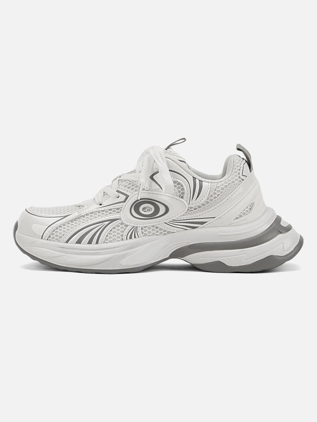 Front view of white TALISHKO sports casual shoes with dynamic patterns, perfect for urban style.