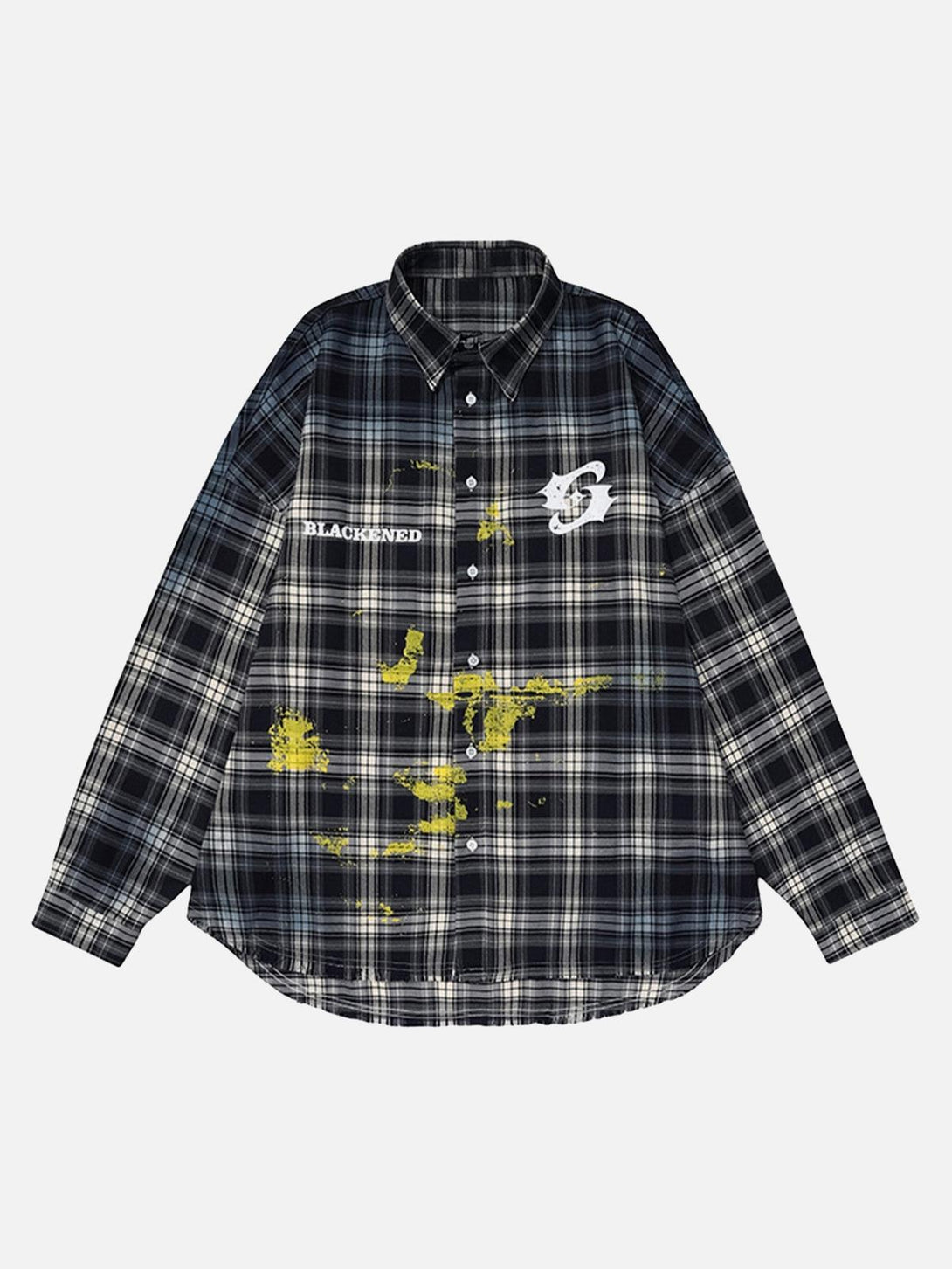 Front view of a black plaid shirt with yellow spray print details by TALISHKO, perfect for urban style.