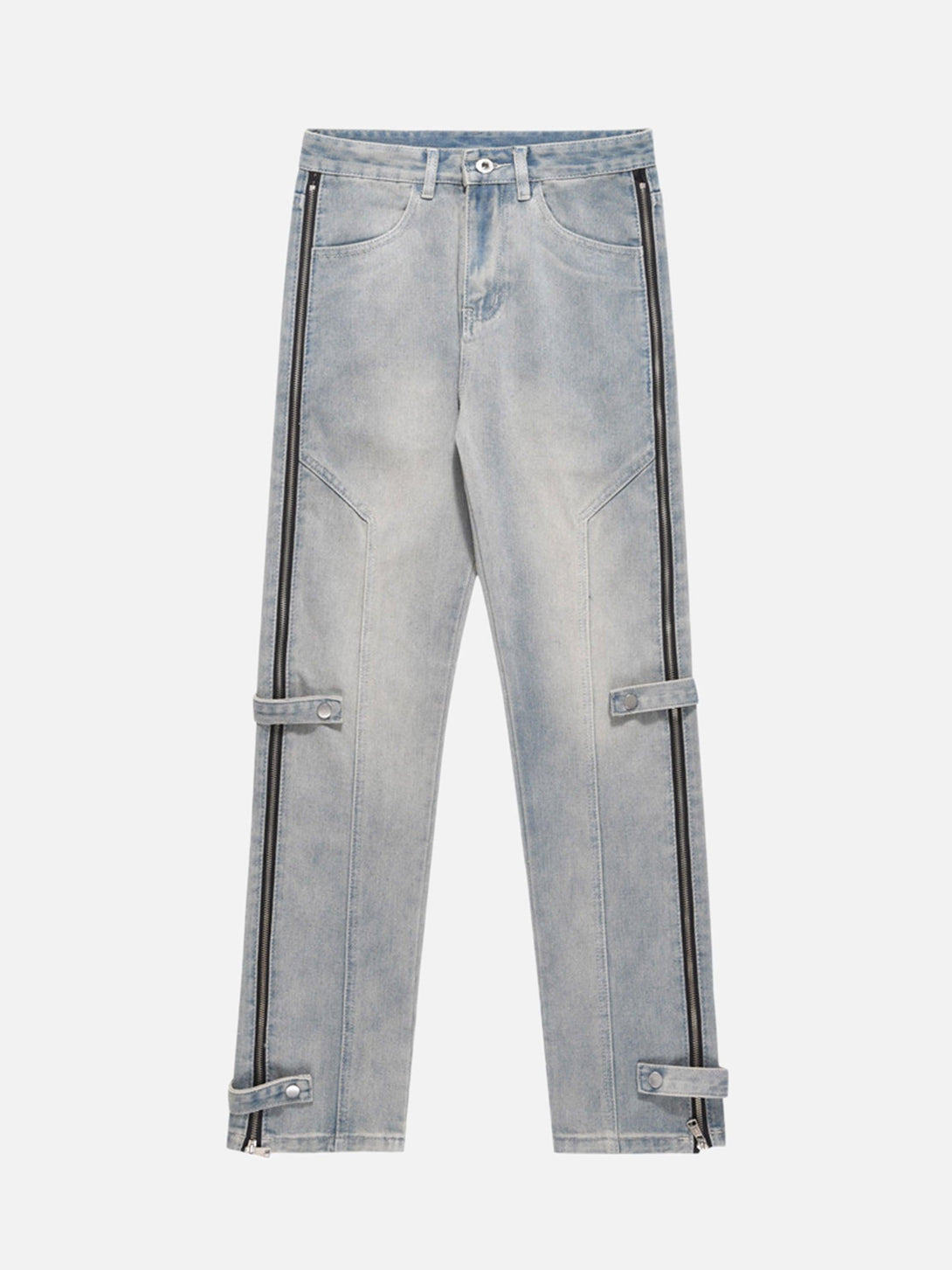 Front view of blue zipper straight jeans by TALISHKO, showcasing hip-hop street style.